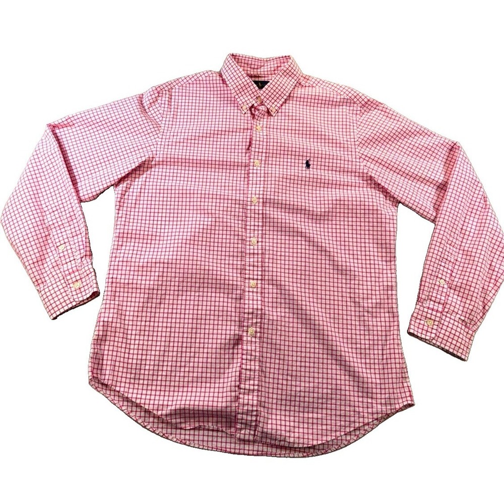 Ralph Lauren Slim Fit Shirt Mens XL Pink White Check Cotton Button Down LS